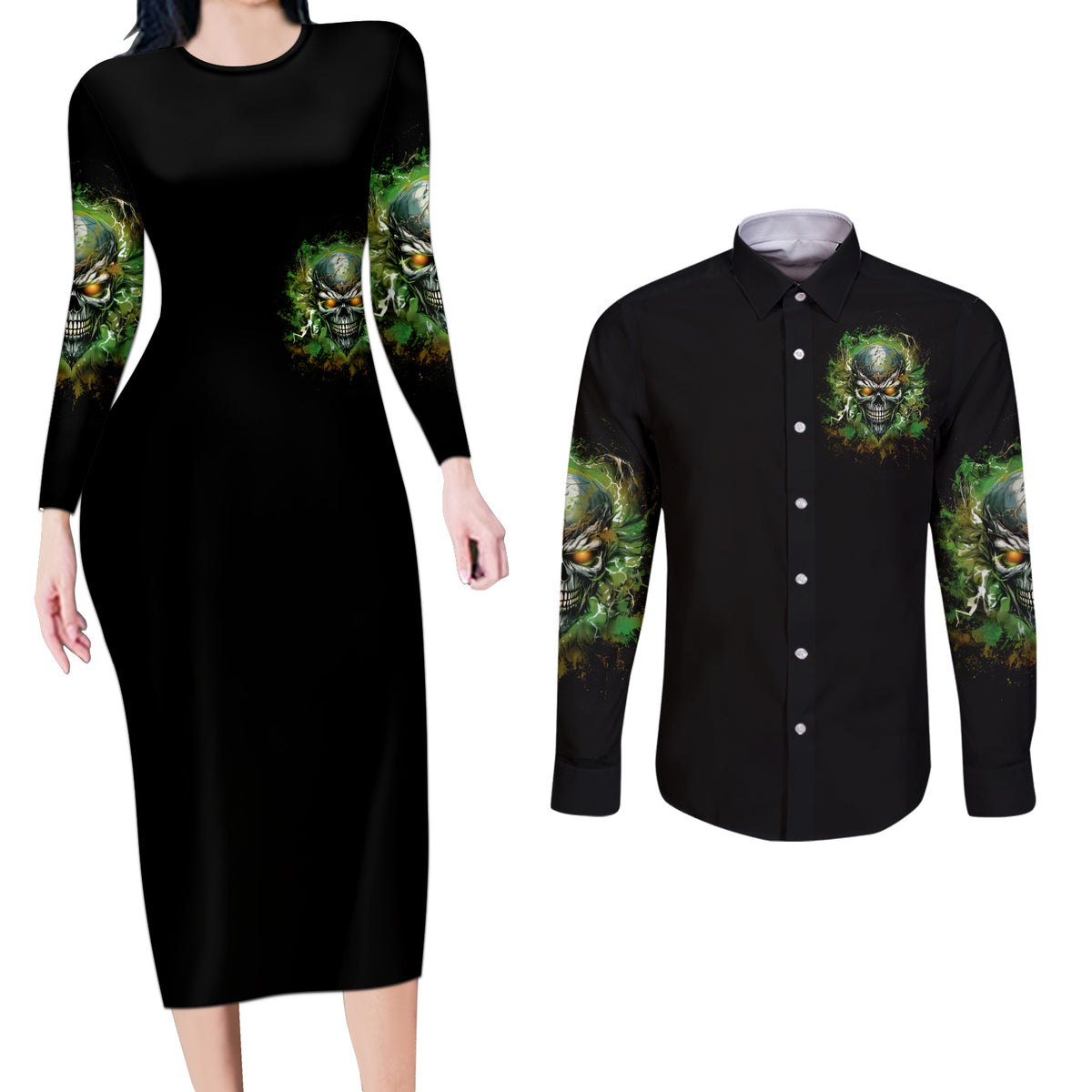 Old Skull Couples Matching Long Sleeve Bodycon Dress and Long Sleeve Button Shirt I Stopped Fighting My Inner Demons We On The Same Side Now - Wonder Print Shop
