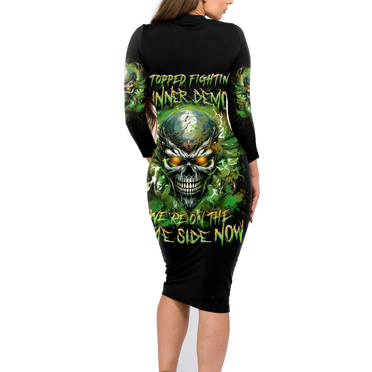 Old Skull Family Matching Long Sleeve Bodycon Dress and Hawaiian Shirt I Stopped Fighting My Inner Demons We On The Same Side Now - Wonder Print Shop