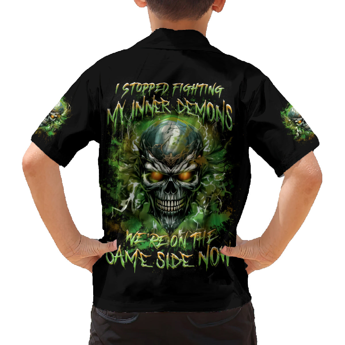 Old Skull Family Matching Off Shoulder Long Sleeve Dress and Hawaiian Shirt I Stopped Fighting My Inner Demons We On The Same Side Now - Wonder Print Shop