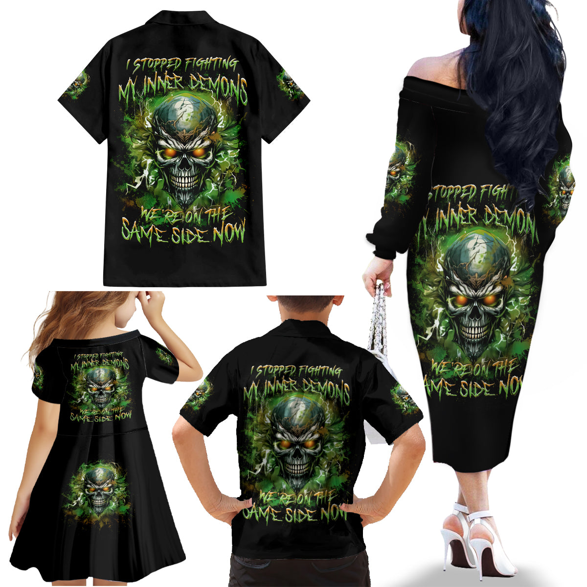 Old Skull Family Matching Off Shoulder Long Sleeve Dress and Hawaiian Shirt I Stopped Fighting My Inner Demons We On The Same Side Now - Wonder Print Shop