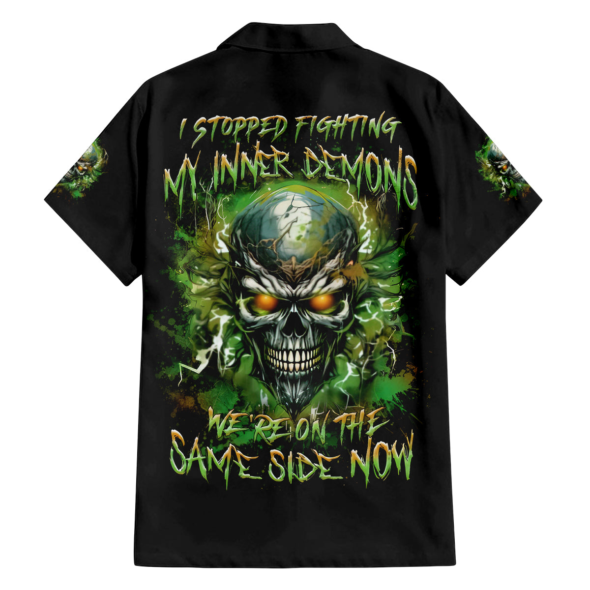 Old Skull Family Matching Off Shoulder Long Sleeve Dress and Hawaiian Shirt I Stopped Fighting My Inner Demons We On The Same Side Now - Wonder Print Shop