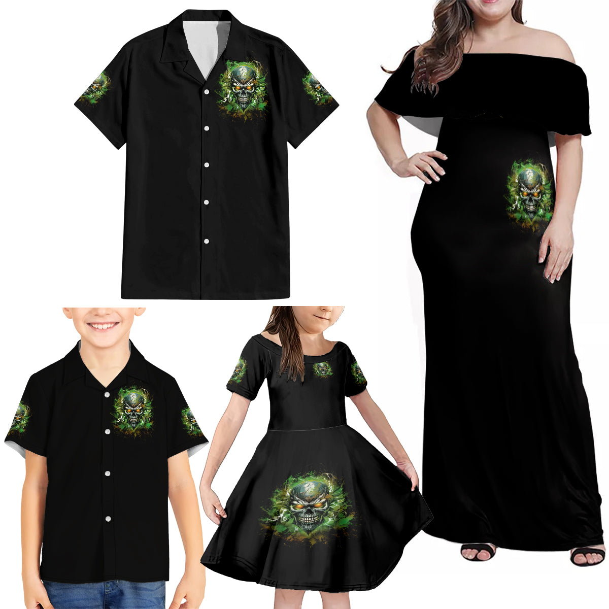 Old Skull Family Matching Off Shoulder Maxi Dress and Hawaiian Shirt I Stopped Fighting My Inner Demons We On The Same Side Now - Wonder Print Shop