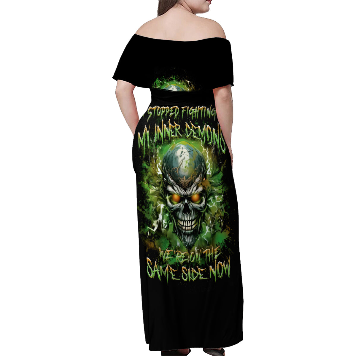 Old Skull Family Matching Off Shoulder Maxi Dress and Hawaiian Shirt I Stopped Fighting My Inner Demons We On The Same Side Now - Wonder Print Shop