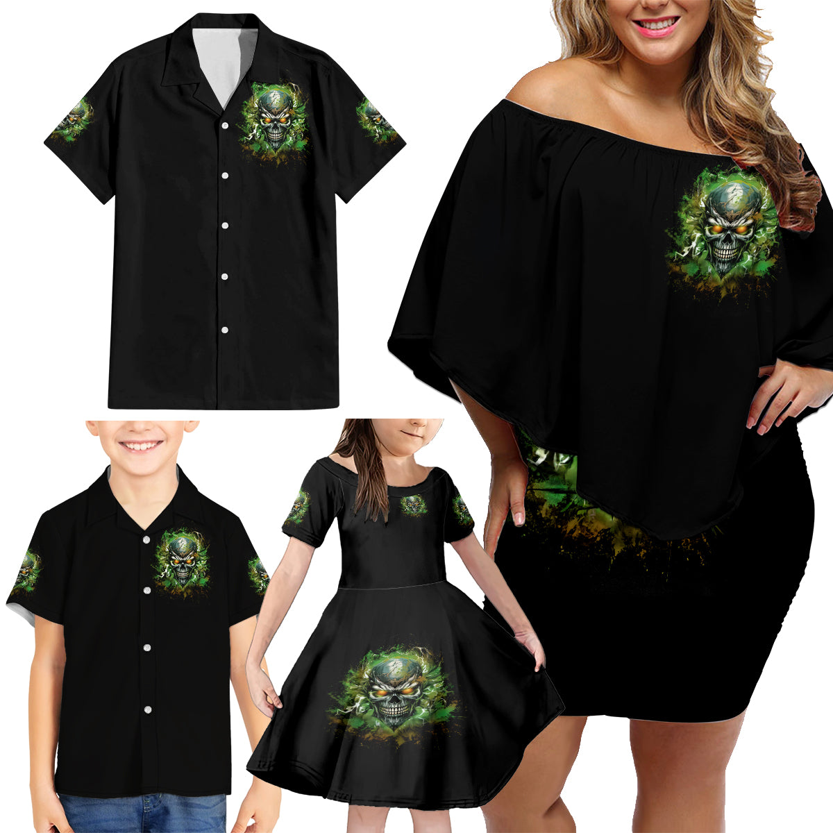 Old Skull Family Matching Off Shoulder Short Dress and Hawaiian Shirt I Stopped Fighting My Inner Demons We On The Same Side Now - Wonder Print Shop
