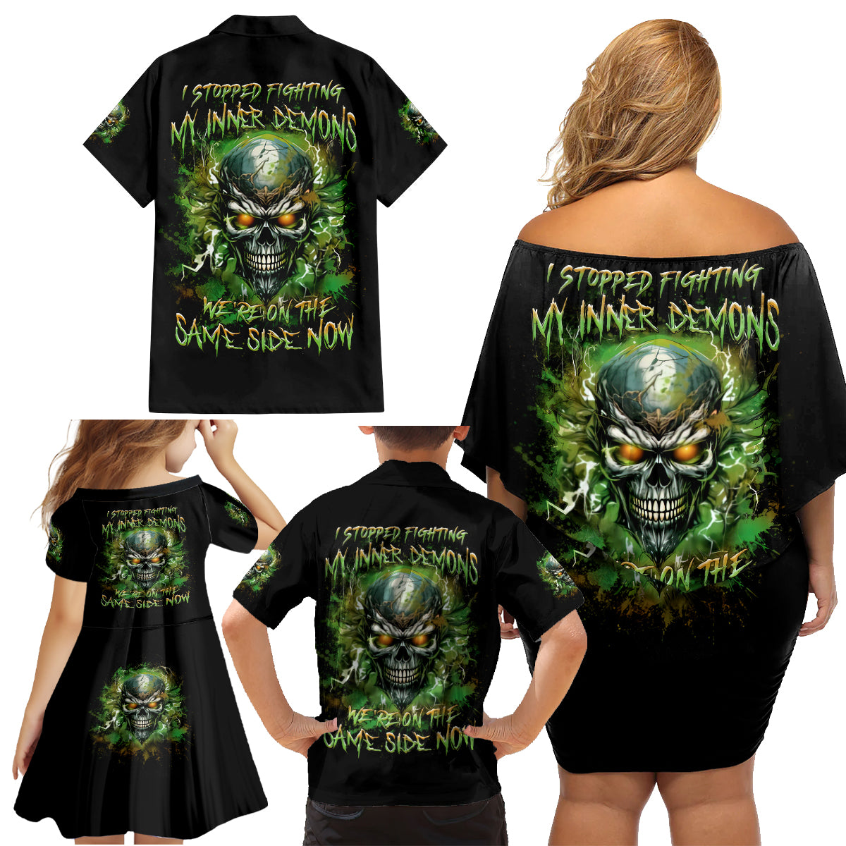 Old Skull Family Matching Off Shoulder Short Dress and Hawaiian Shirt I Stopped Fighting My Inner Demons We On The Same Side Now - Wonder Print Shop