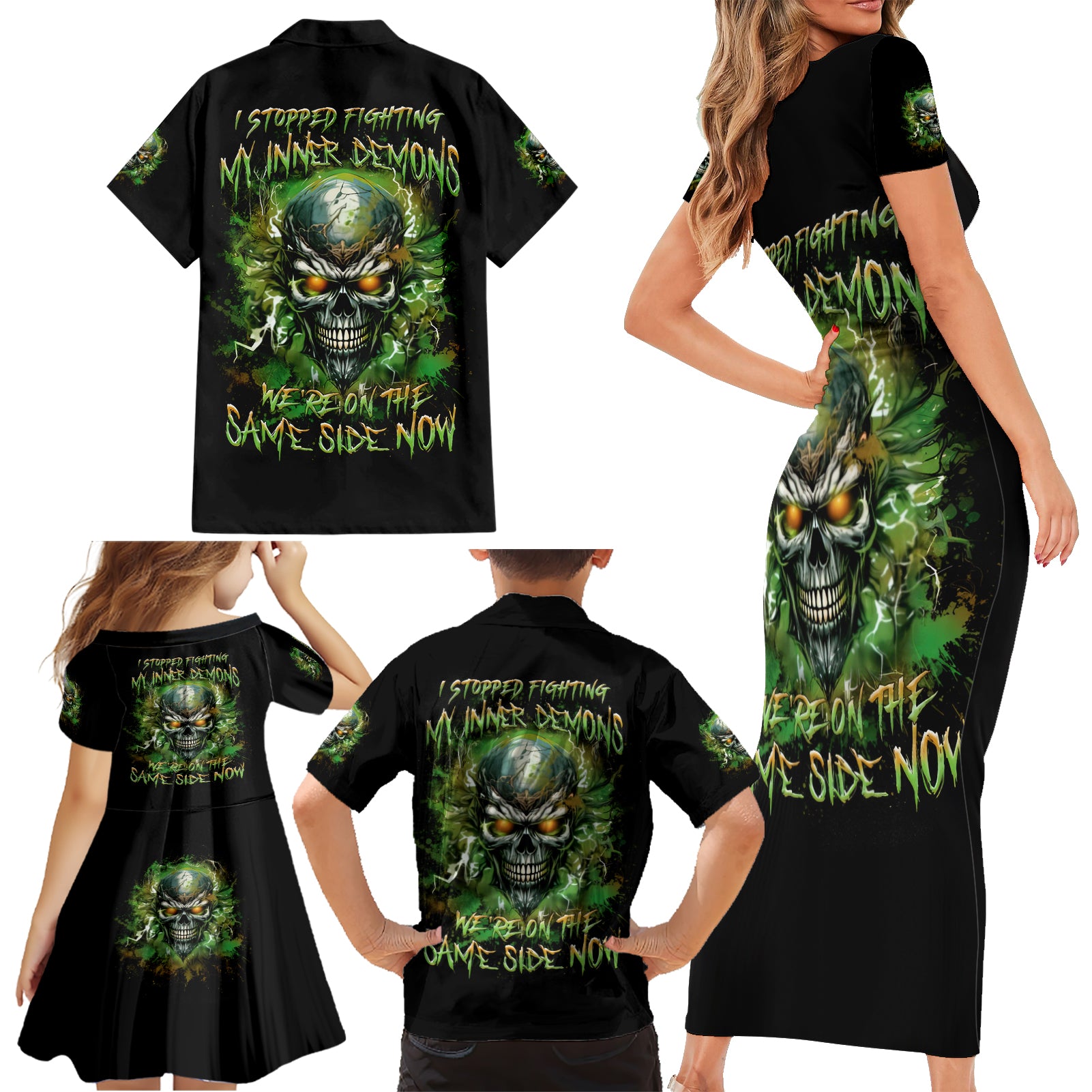 Old Skull Family Matching Short Sleeve Bodycon Dress and Hawaiian Shirt I Stopped Fighting My Inner Demons We On The Same Side Now - Wonder Print Shop