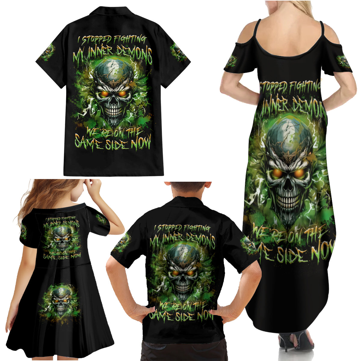Old Skull Family Matching Summer Maxi Dress and Hawaiian Shirt I Stopped Fighting My Inner Demons We On The Same Side Now - Wonder Print Shop