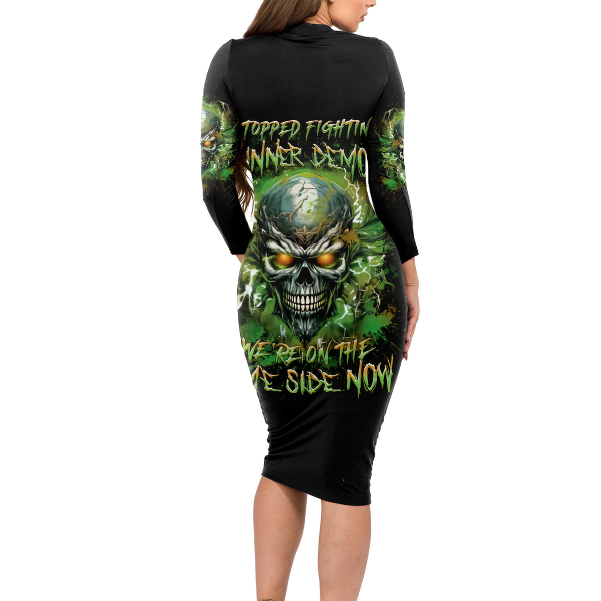 Old Skull Long Sleeve Bodycon Dress I Stopped Fighting My Inner Demons We On The Same Side Now - Wonder Print Shop