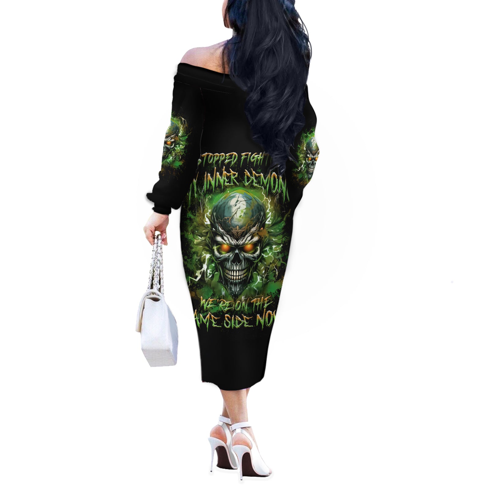 Old Skull Off The Shoulder Long Sleeve Dress I Stopped Fighting My Inner Demons We On The Same Side Now - Wonder Print Shop