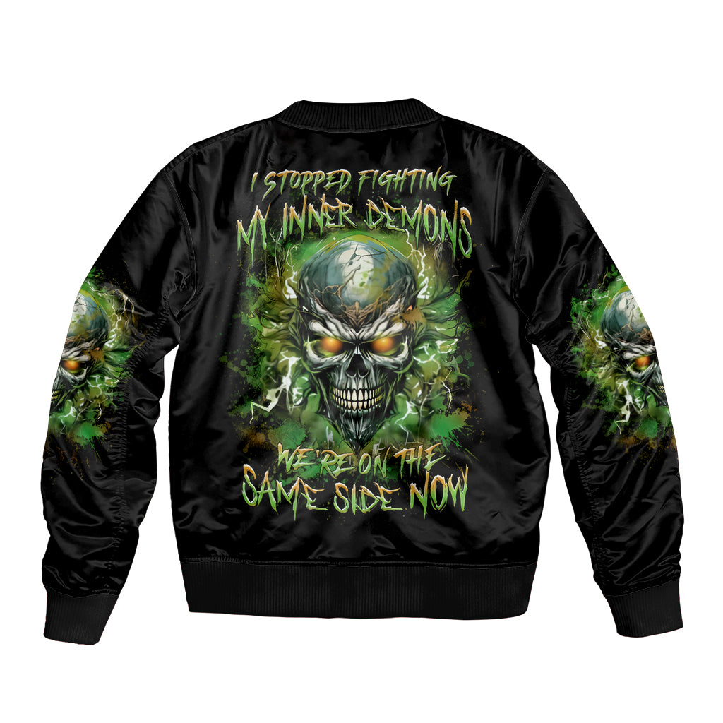 Old Skull Sleeve Zip Bomber Jacket I Stopped Fighting My Inner Demons We On The Same Side Now - Wonder Print Shop