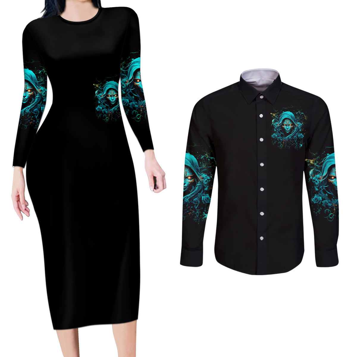Lady Skull Couples Matching Long Sleeve Bodycon Dress and Long Sleeve Button Shirt Iam A Good Person But Don't Give Me Are To Show My Evil Side - Wonder Print Shop