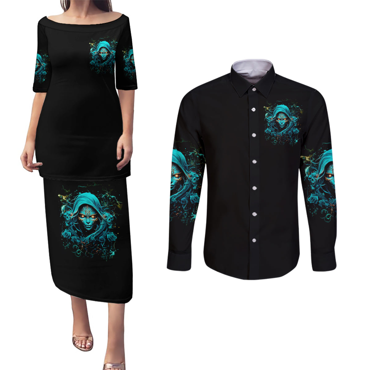 Lady Skull Couples Matching Puletasi and Long Sleeve Button Shirt Iam A Good Person But Don't Give Me Are To Show My Evil Side - Wonder Print Shop