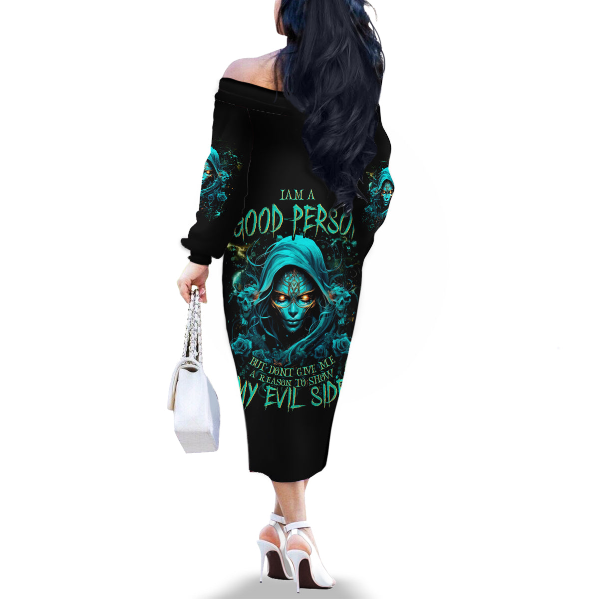 Lady Skull Family Matching Off Shoulder Long Sleeve Dress and Hawaiian Shirt Iam A Good Person But Don't Give Me Are To Show My Evil Side - Wonder Print Shop