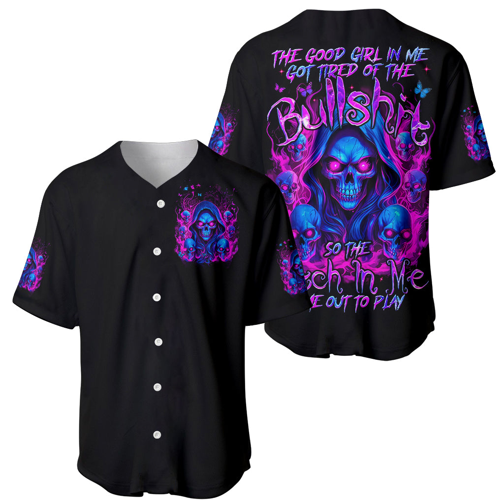 Flame Skull Baseball Jersey The Good Girl In Me Got Tired Of The Bullshit - Wonder Print Shop