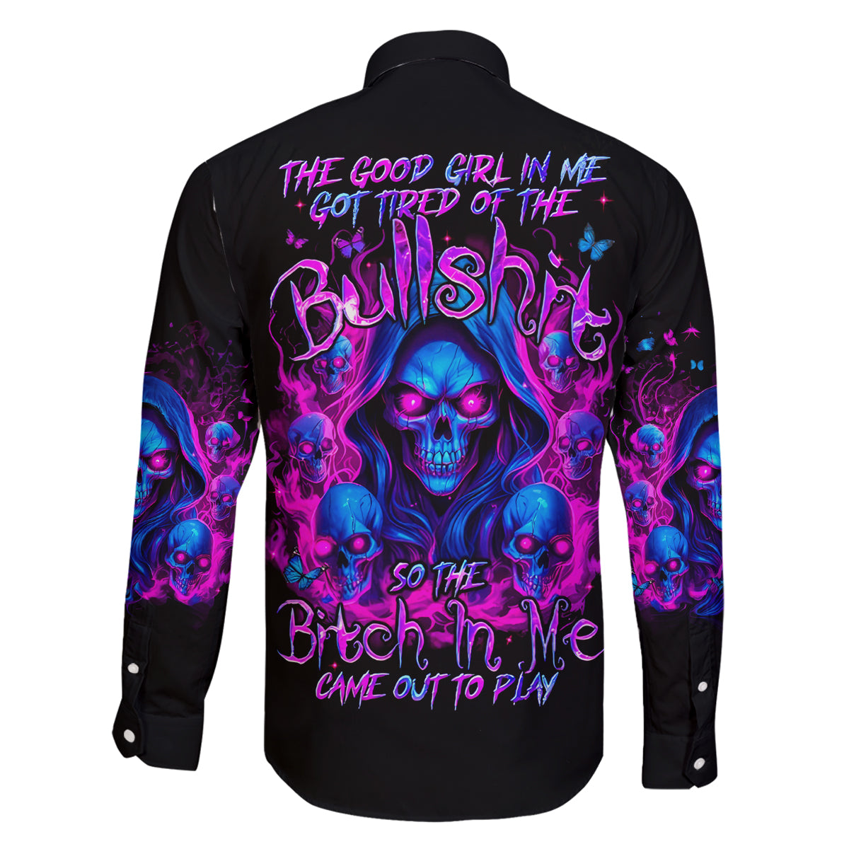 Flame Skull Family Matching Off Shoulder Long Sleeve Dress and Hawaiian Shirt The Good Girl In Me Got Tired Of The Bullshit - Wonder Print Shop