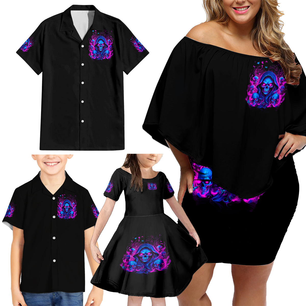 Flame Skull Family Matching Off Shoulder Short Dress and Hawaiian Shirt The Good Girl In Me Got Tired Of The Bullshit - Wonder Print Shop