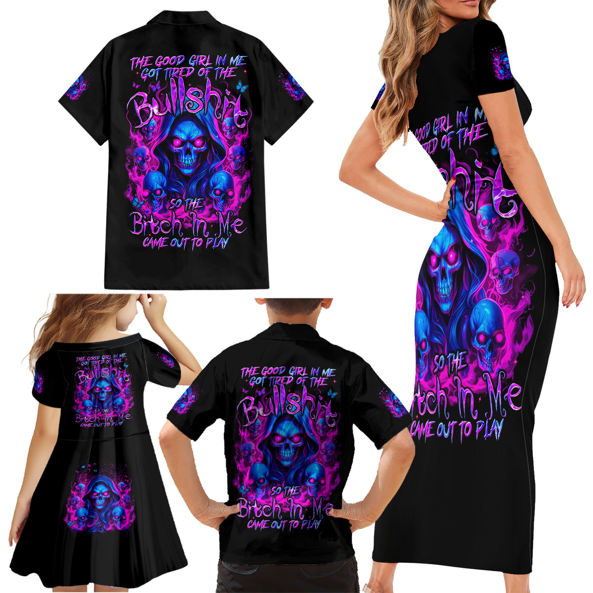Flame Skull Family Matching Short Sleeve Bodycon Dress and Hawaiian Shirt The Good Girl In Me Got Tired Of The Bullshit - Wonder Print Shop