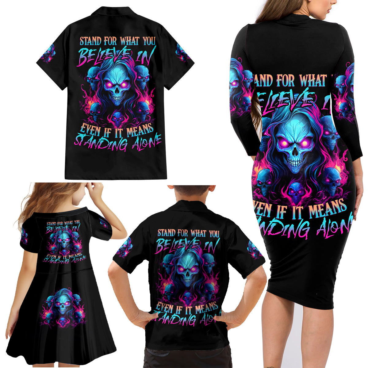 Lady Skull Family Matching Long Sleeve Bodycon Dress and Hawaiian Shirt Stand For What You Believe In Even If It Means Standing Alone - Wonder Print Shop