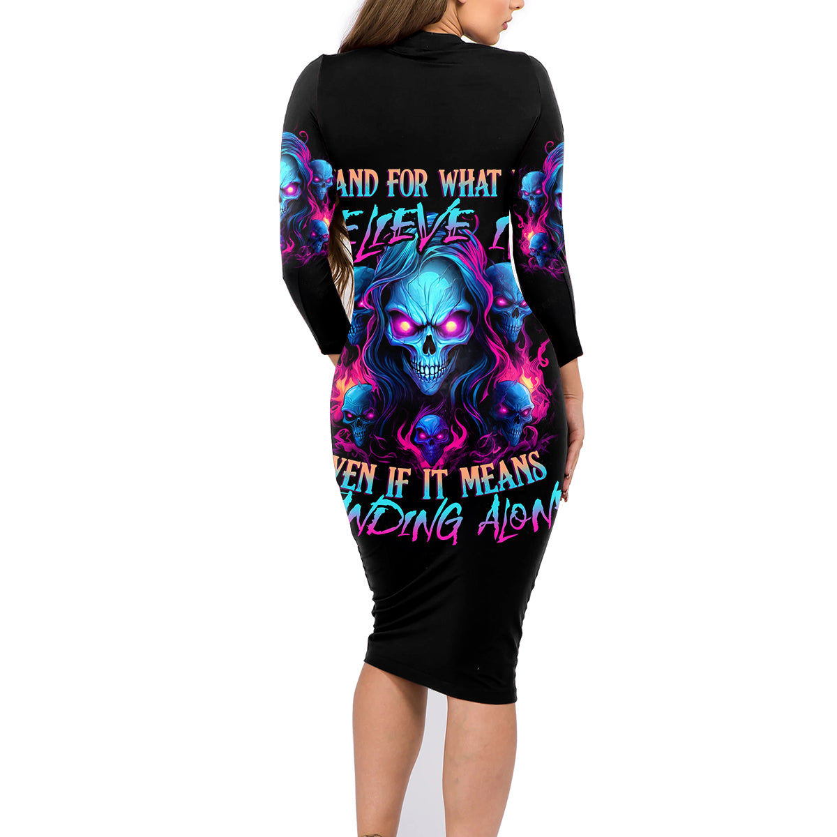 Lady Skull Family Matching Long Sleeve Bodycon Dress and Hawaiian Shirt Stand For What You Believe In Even If It Means Standing Alone - Wonder Print Shop