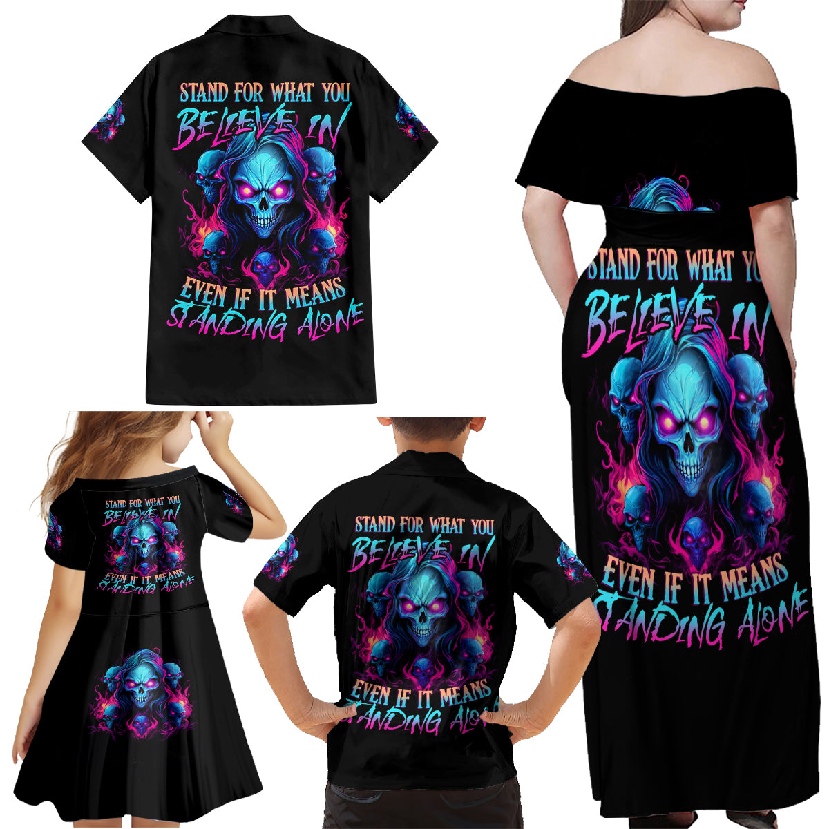 Lady Skull Family Matching Off Shoulder Maxi Dress and Hawaiian Shirt Stand For What You Believe In Even If It Means Standing Alone - Wonder Print Shop