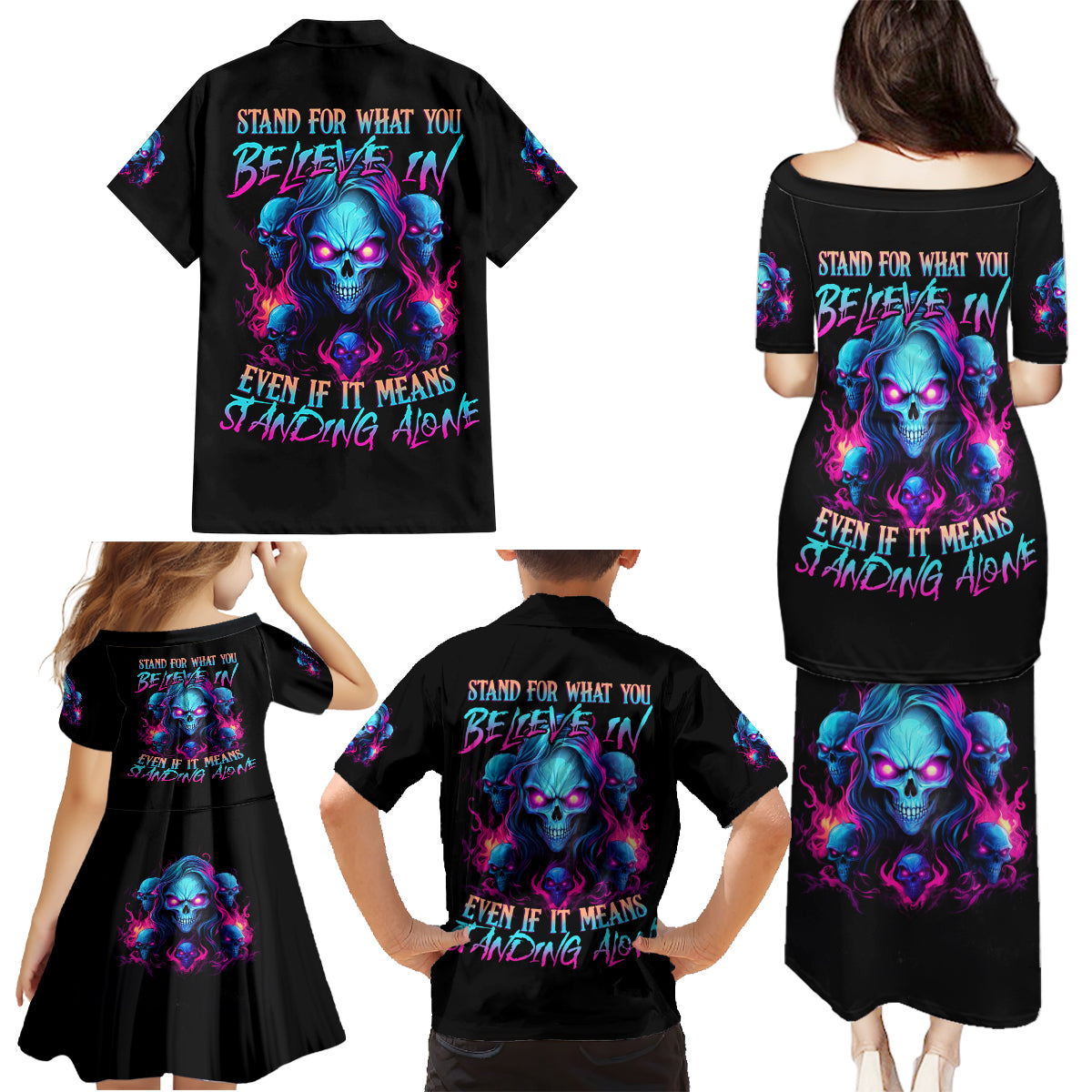 Lady Skull Family Matching Puletasi and Hawaiian Shirt Stand For What You Believe In Even If It Means Standing Alone - Wonder Print Shop