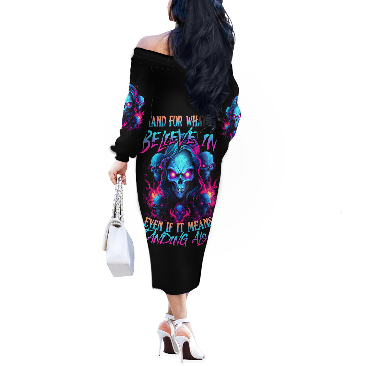 Lady Skull Off The Shoulder Long Sleeve Dress Stand For What You Believe In Even If It Means Standing Alone - Wonder Print Shop