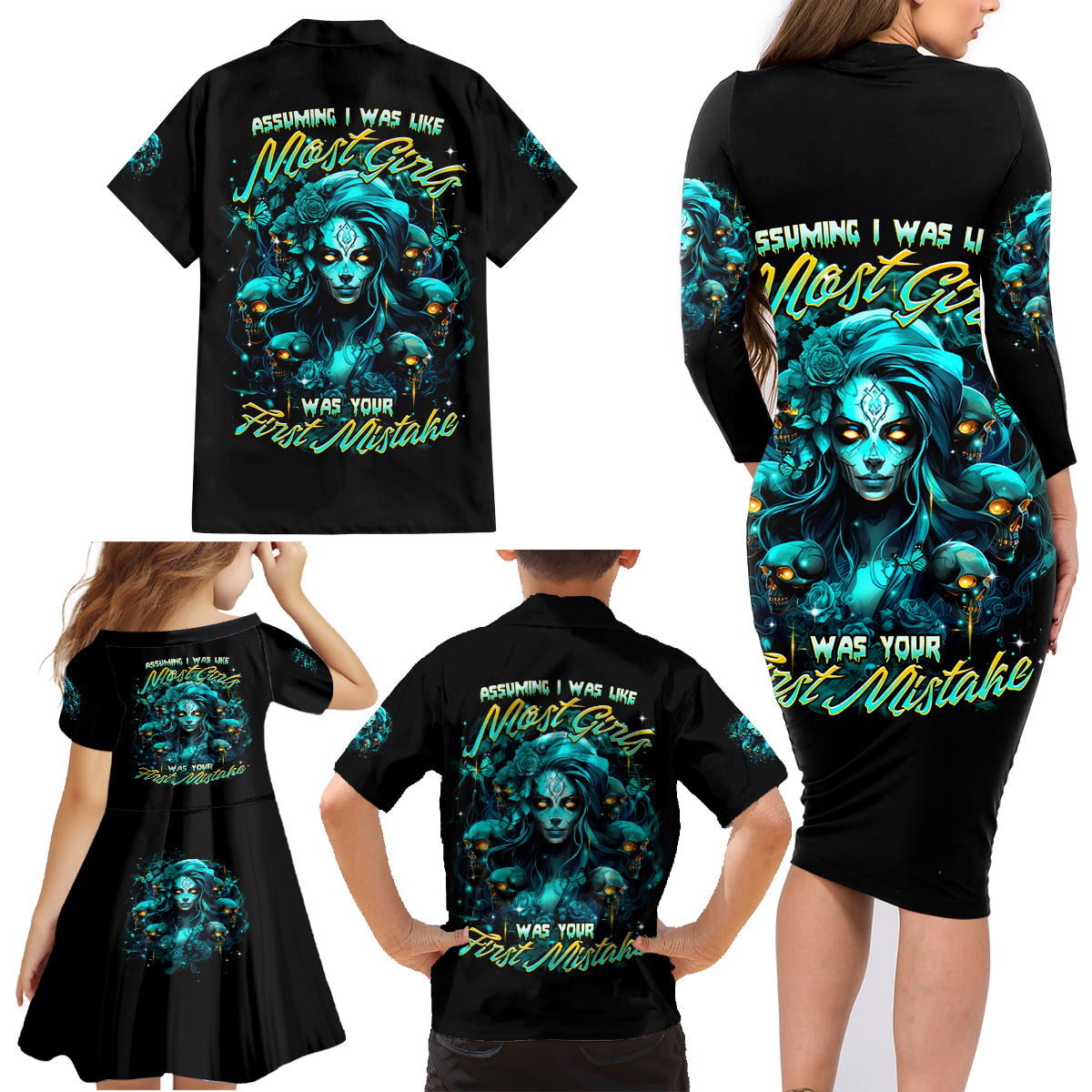 Lady Skull Family Matching Long Sleeve Bodycon Dress and Hawaiian Shirt Assuming I Was Like Most Girls Was Your First Mistake - Wonder Print Shop
