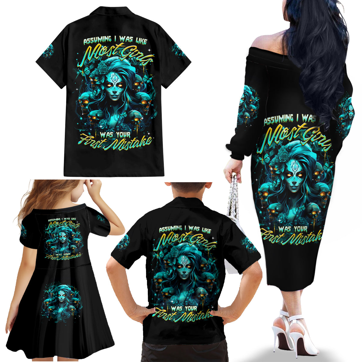 Lady Skull Family Matching Off Shoulder Long Sleeve Dress and Hawaiian Shirt Assuming I Was Like Most Girls Was Your First Mistake - Wonder Print Shop