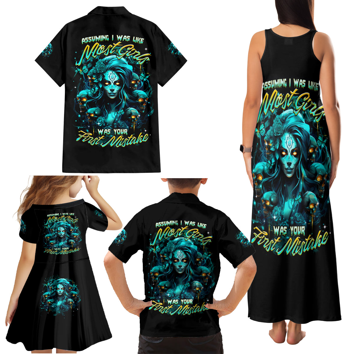 Lady Skull Family Matching Tank Maxi Dress and Hawaiian Shirt Assuming I Was Like Most Girls Was Your First Mistake - Wonder Print Shop