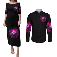 Rose Skull Couples Matching Puletasi and Long Sleeve Button Shirt Stuck Between IDK IDC And IDGAF - Wonder Print Shop
