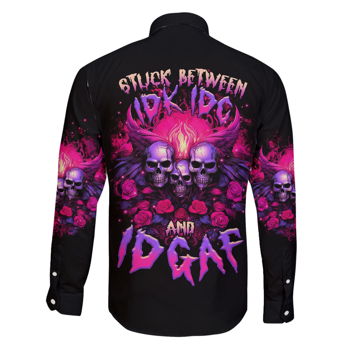 Rose Skull Family Matching Long Sleeve Bodycon Dress and Hawaiian Shirt Stuck Between IDK IDC And IDGAF - Wonder Print Shop