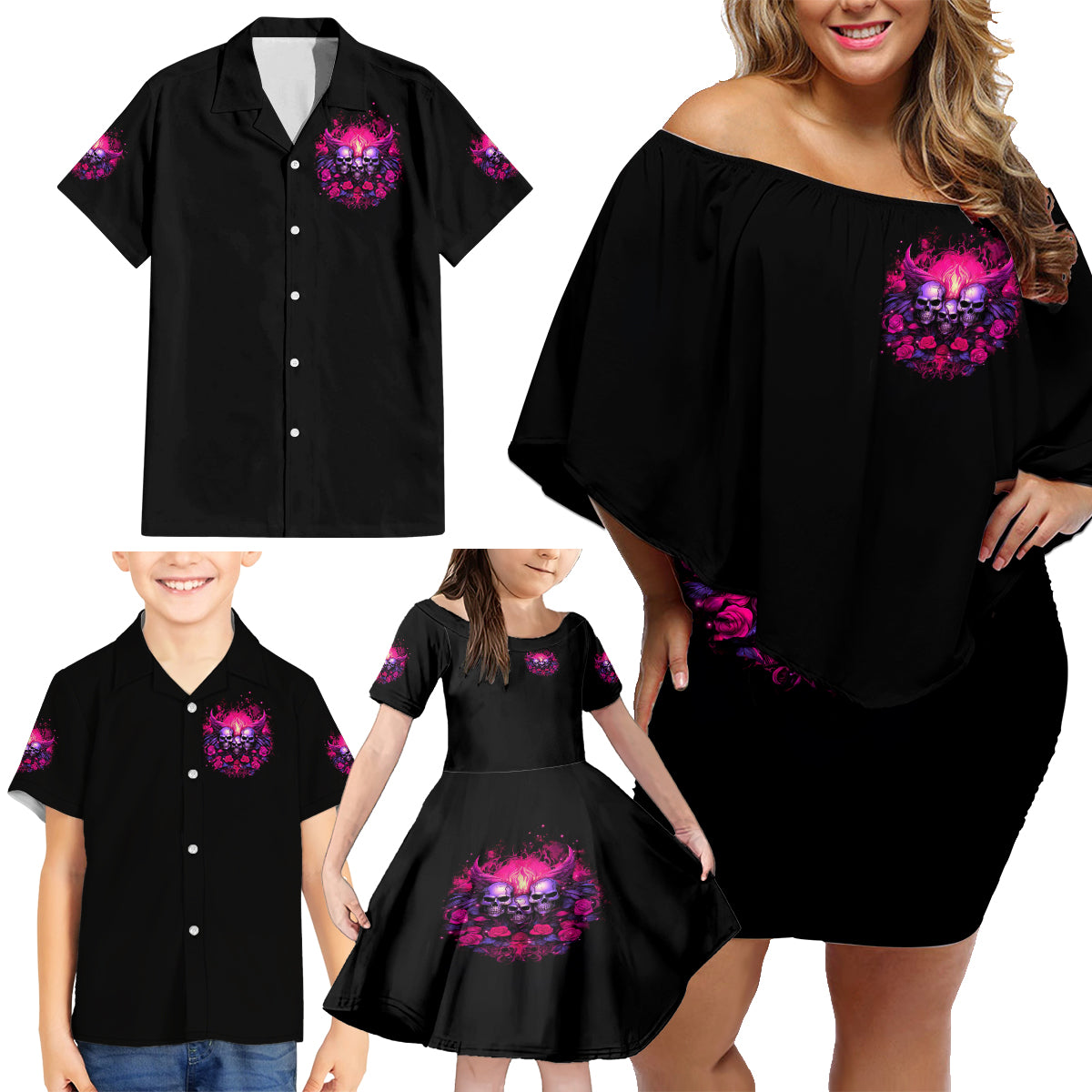 Rose Skull Family Matching Off Shoulder Short Dress and Hawaiian Shirt Stuck Between IDK IDC And IDGAF - Wonder Print Shop