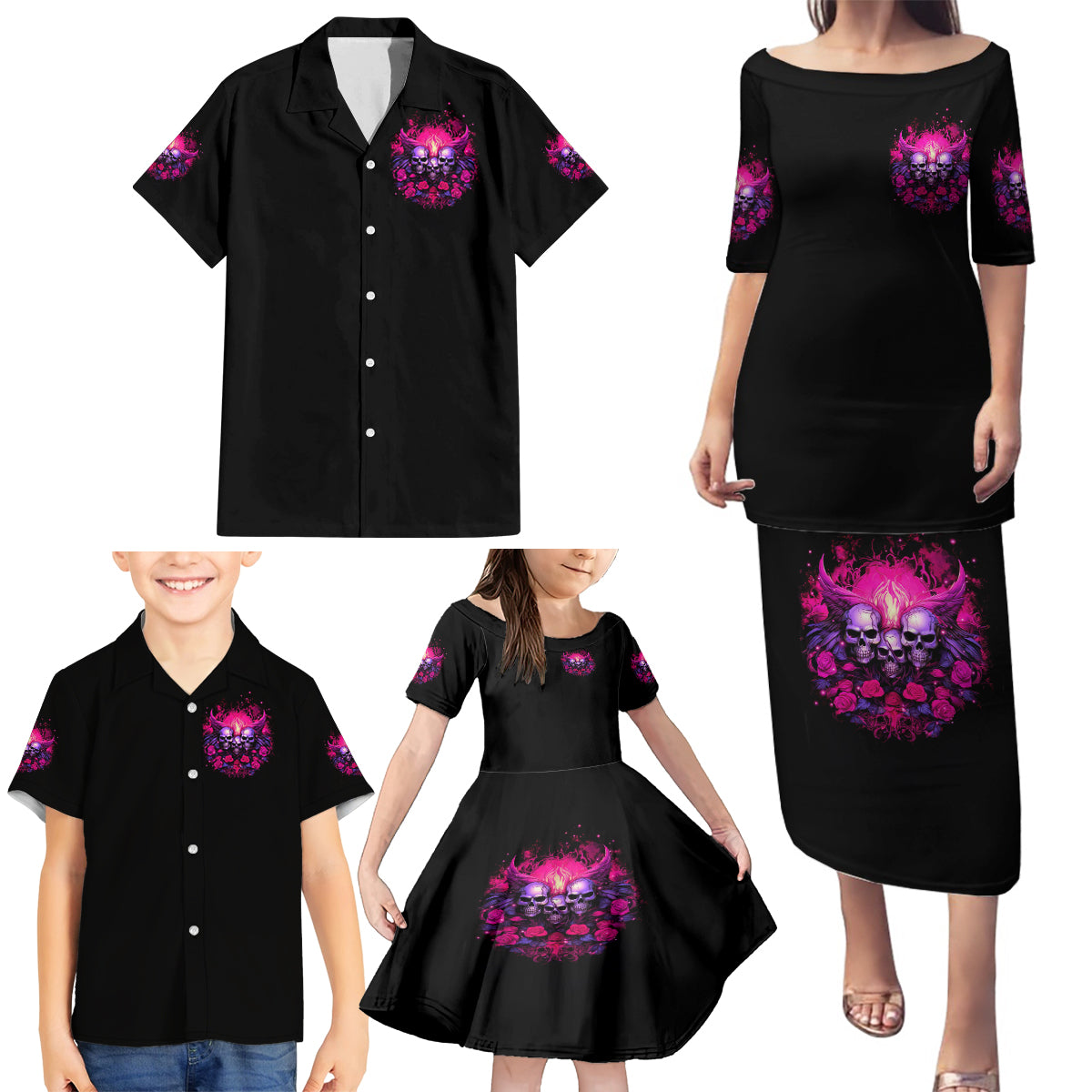 Rose Skull Family Matching Puletasi and Hawaiian Shirt Stuck Between IDK IDC And IDGAF - Wonder Print Shop