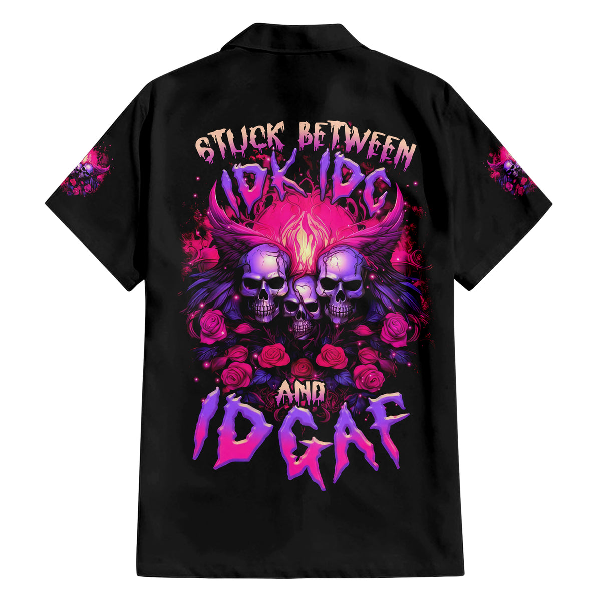 Rose Skull Family Matching Short Sleeve Bodycon Dress and Hawaiian Shirt Stuck Between IDK IDC And IDGAF - Wonder Print Shop