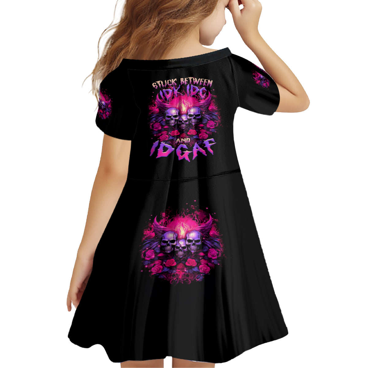 Rose Skull Kid Short Sleeve Dress Stuck Between IDK IDC And IDGAF - Wonder Print Shop