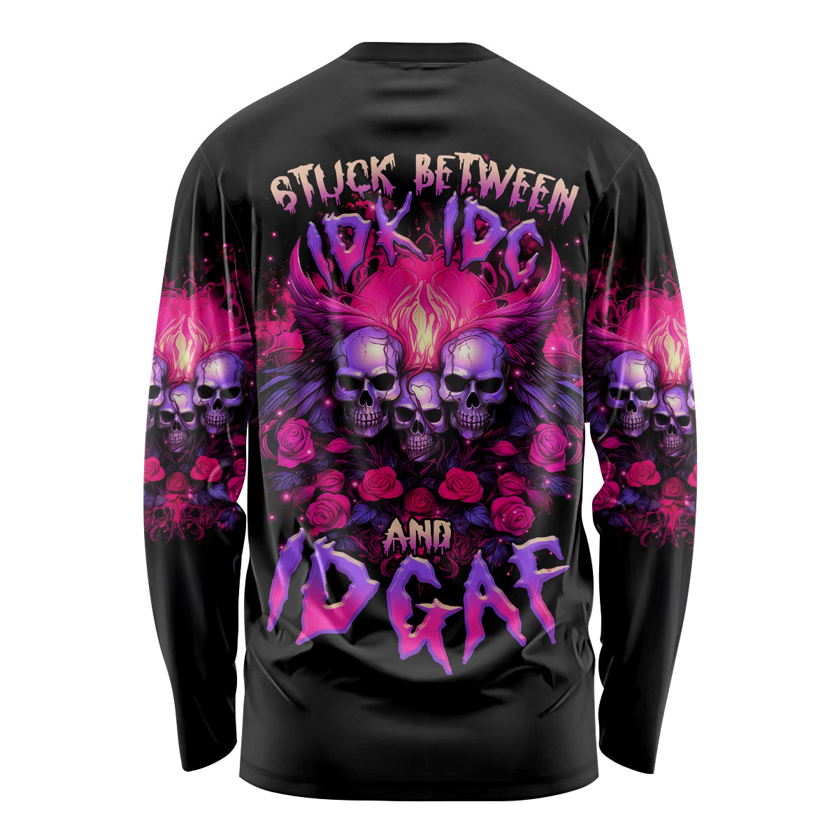 Rose Skull Long Sleeve Shirt Stuck Between IDK IDC And IDGAF - Wonder Print Shop