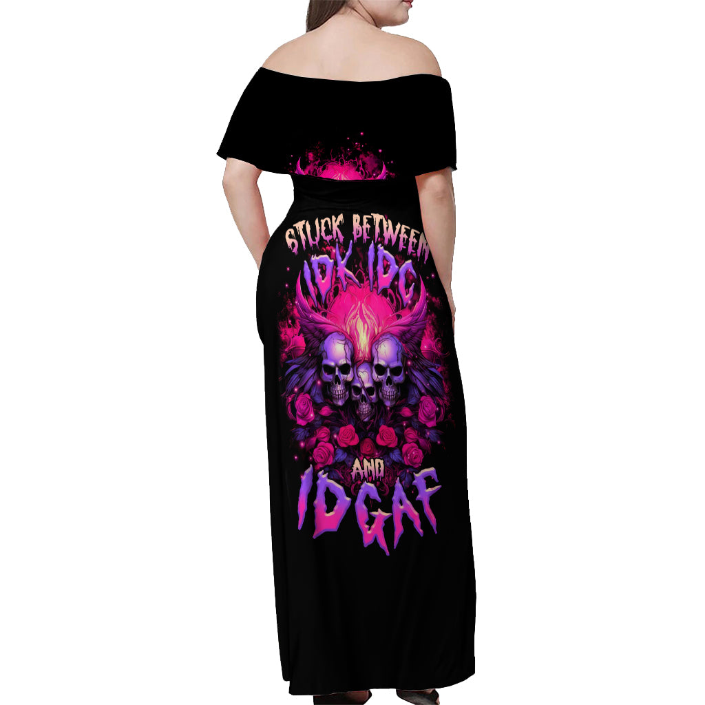 Rose Skull Off Shoulder Maxi Dress Stuck Between IDK IDC And IDGAF - Wonder Print Shop
