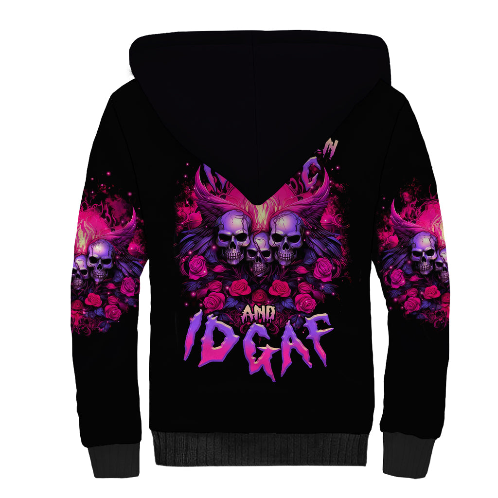Rose Skull Sherpa Hoodie Stuck Between IDK IDC And IDGAF - Wonder Print Shop