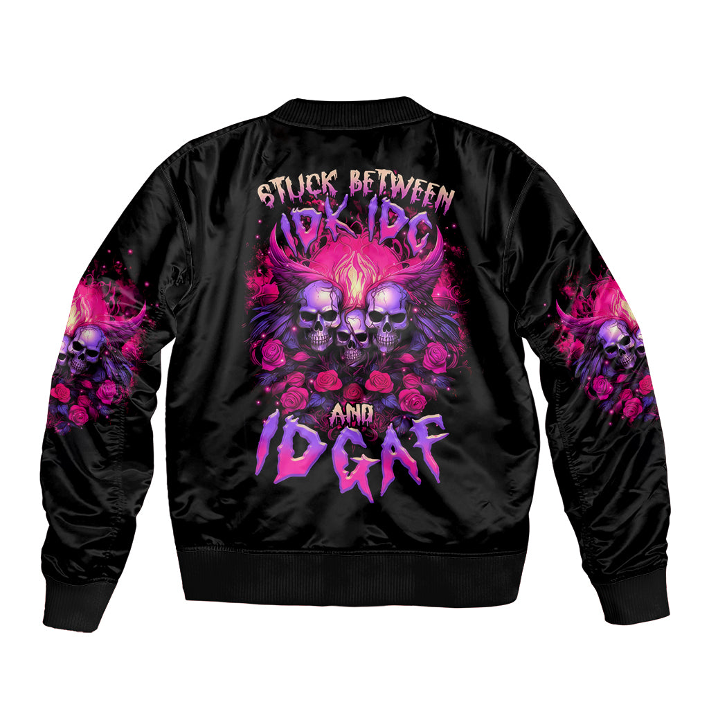 Rose Skull Sleeve Zip Bomber Jacket Stuck Between IDK IDC And IDGAF - Wonder Print Shop