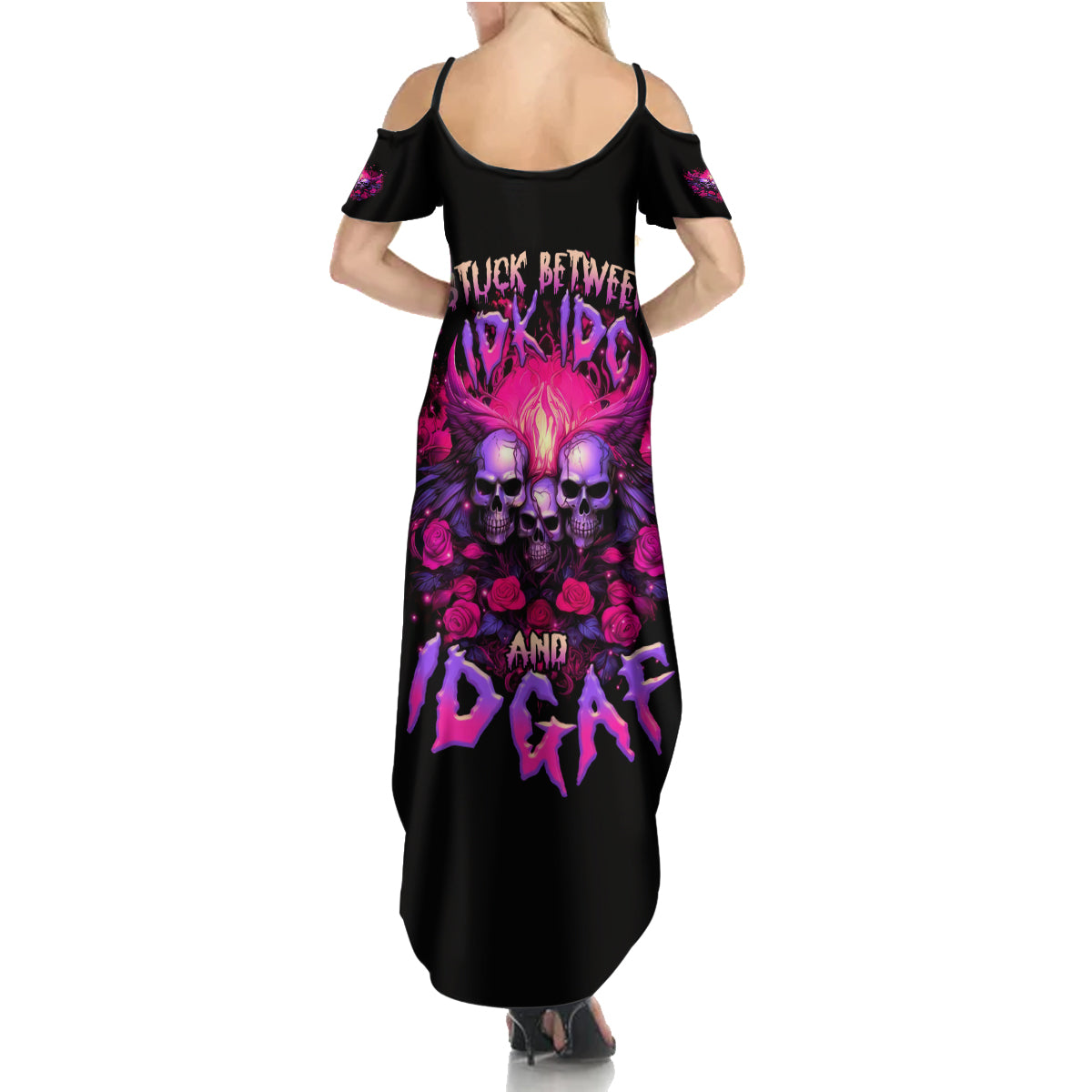 Rose Skull Summer Maxi Dress Stuck Between IDK IDC And IDGAF - Wonder Print Shop
