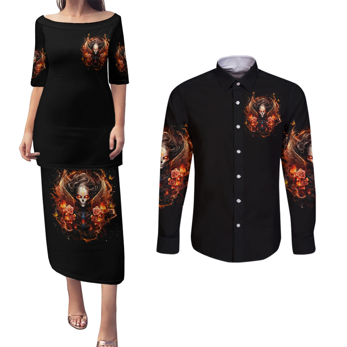 Angel Skull Couples Matching Puletasi and Long Sleeve Button Shirt Sometimes An Angel Sometimes A Hellrasier - Wonder Print Shop