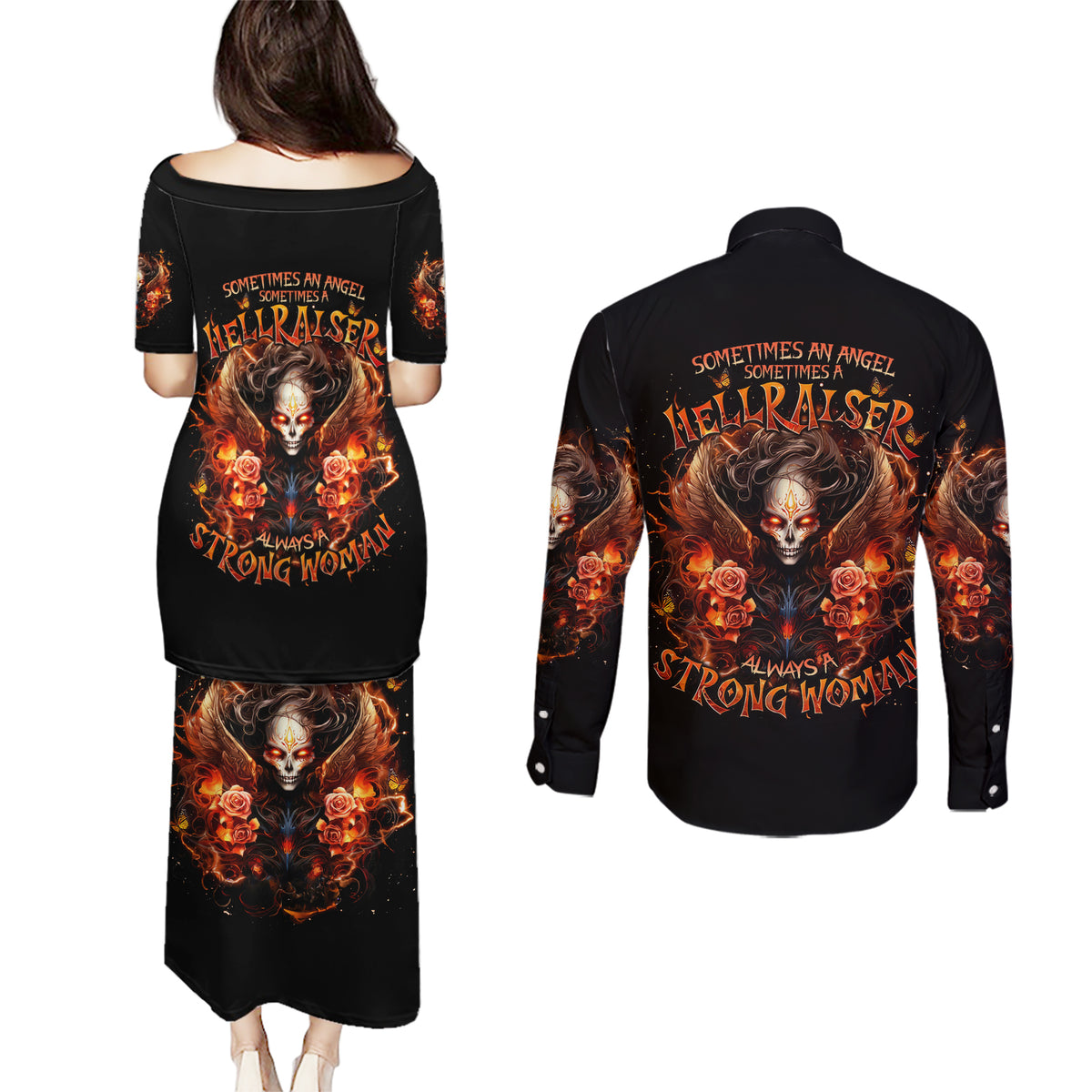 Angel Skull Couples Matching Puletasi and Long Sleeve Button Shirt Sometimes An Angel Sometimes A Hellrasier - Wonder Print Shop