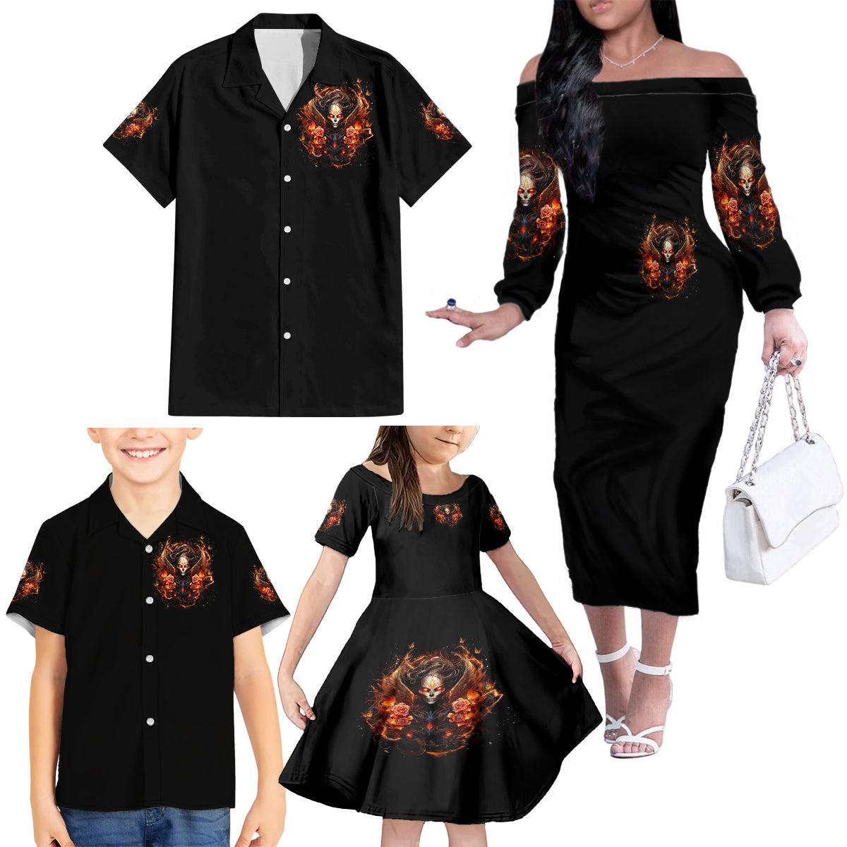 Angel Skull Family Matching Off Shoulder Long Sleeve Dress and Hawaiian Shirt Sometimes An Angel Sometimes A Hellrasier - Wonder Print Shop
