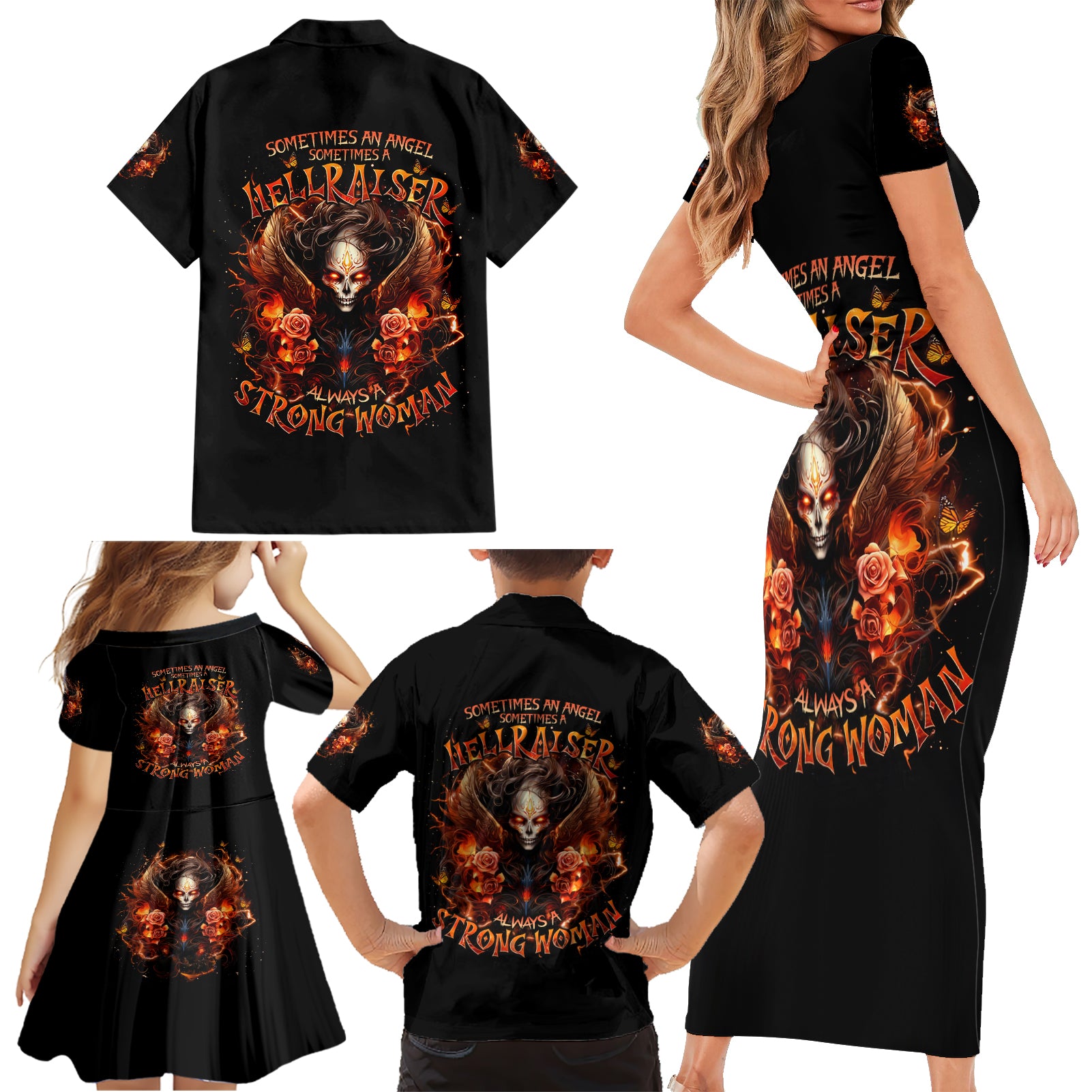 Angel Skull Family Matching Short Sleeve Bodycon Dress and Hawaiian Shirt Sometimes An Angel Sometimes A Hellrasier - Wonder Print Shop