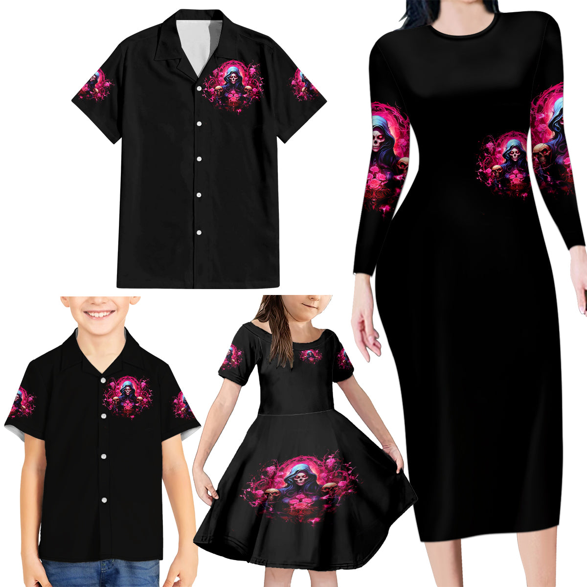 Rose Skull Family Matching Long Sleeve Bodycon Dress and Hawaiian Shirt I Hold A Beast An Angel And A Crazy Lady In Me - Wonder Print Shop