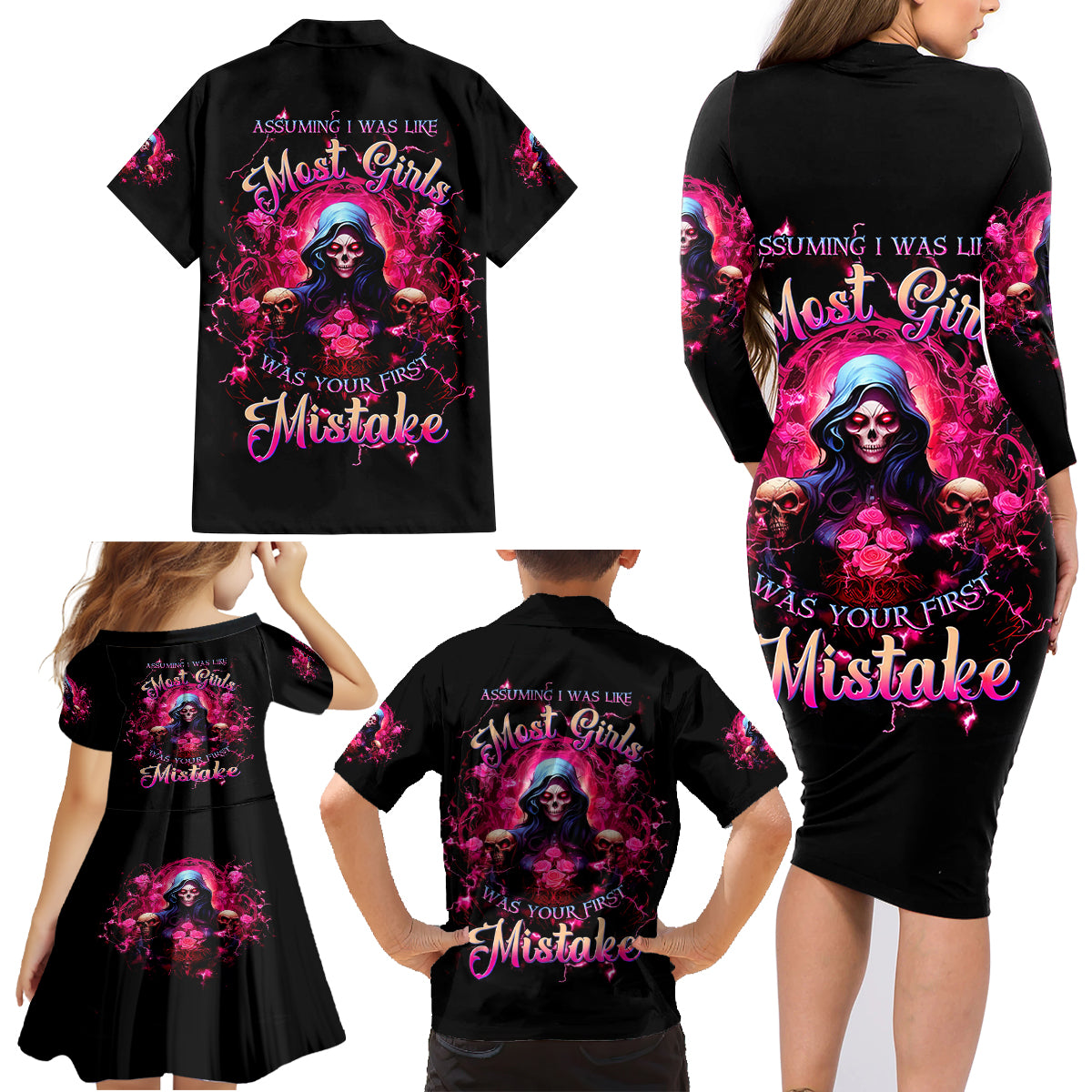 Rose Skull Family Matching Long Sleeve Bodycon Dress and Hawaiian Shirt I Hold A Beast An Angel And A Crazy Lady In Me - Wonder Print Shop