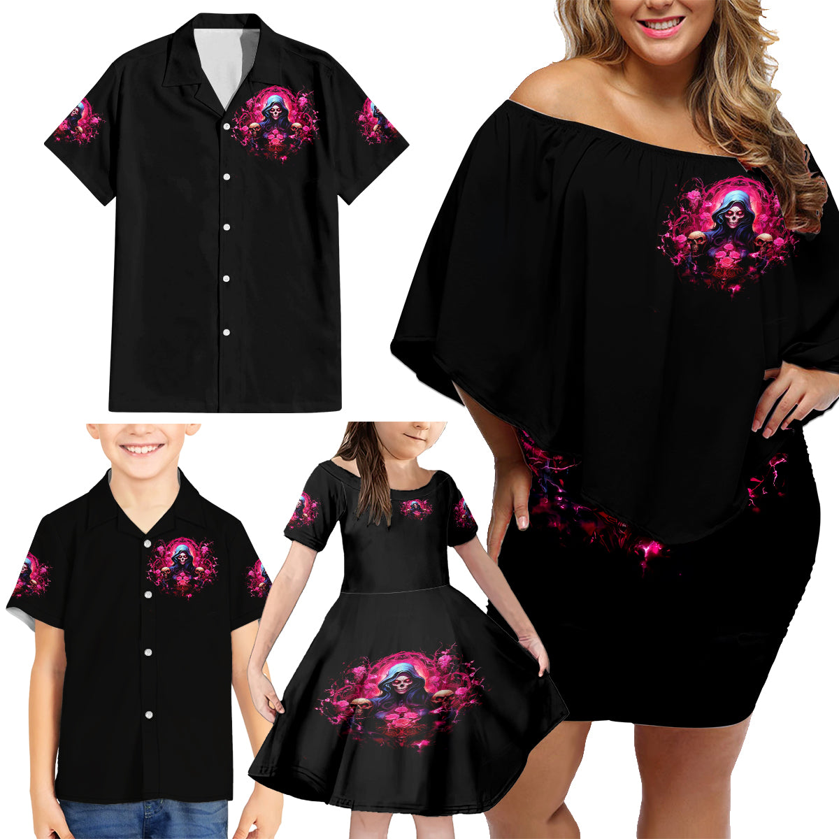 Rose Skull Family Matching Off Shoulder Short Dress and Hawaiian Shirt I Hold A Beast An Angel And A Crazy Lady In Me - Wonder Print Shop