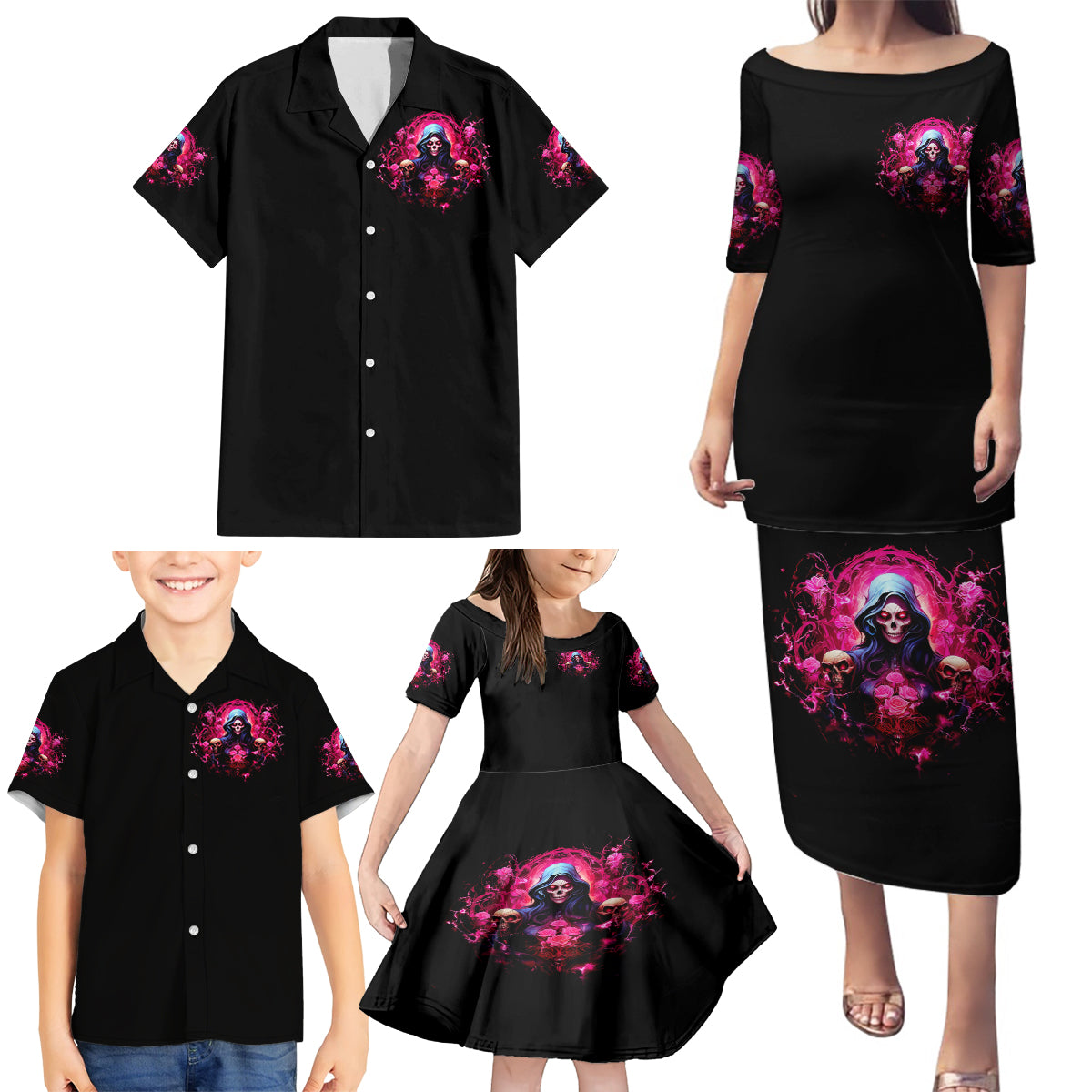 Rose Skull Family Matching Puletasi and Hawaiian Shirt I Hold A Beast An Angel And A Crazy Lady In Me - Wonder Print Shop