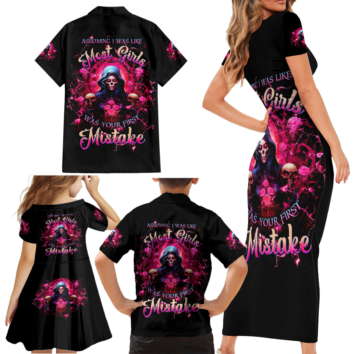 Rose Skull Family Matching Short Sleeve Bodycon Dress and Hawaiian Shirt I Hold A Beast An Angel And A Crazy Lady In Me - Wonder Print Shop