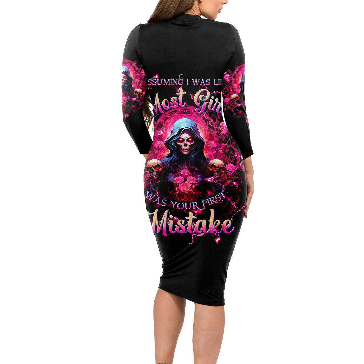 Rose Skull Long Sleeve Bodycon Dress I Hold A Beast An Angel And A Crazy Lady In Me - Wonder Print Shop